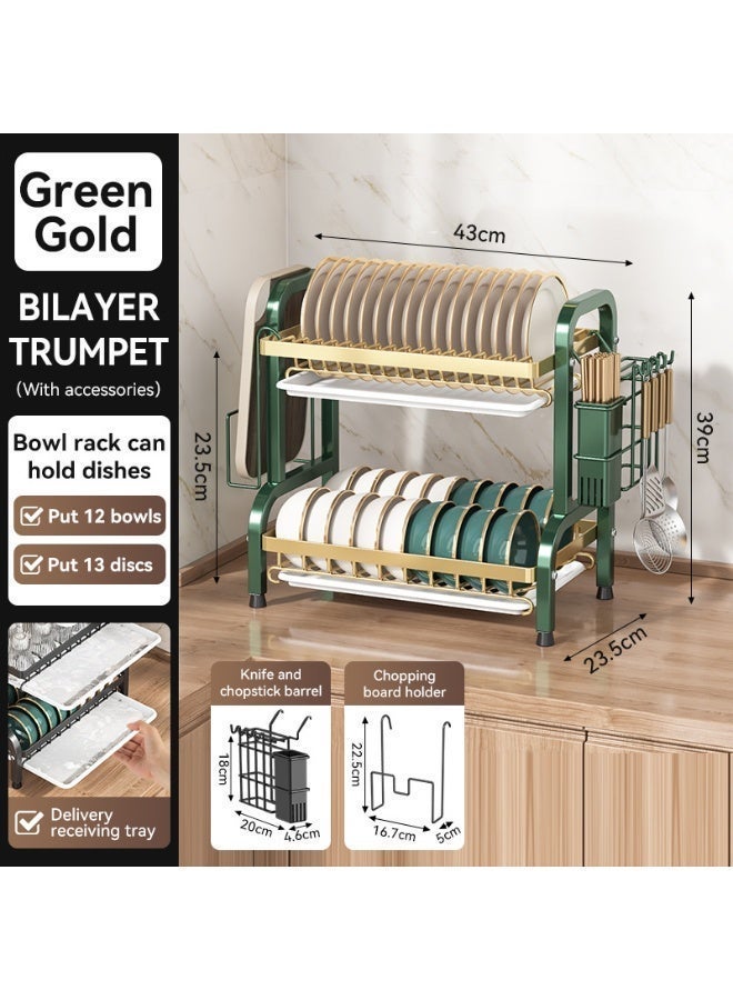 Dish Drying Rack, 2-Tier Kitchen Dish Rack Drainboard Set, Rust-Proof Dish Drainer with Removable Utensil Holder, Knife & Cutting Board Holder, Space-Saving Dish Strainers for Counter - Image 2